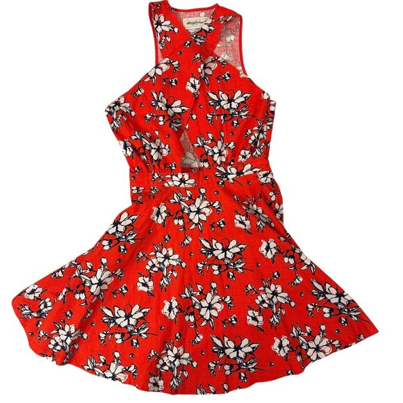 Abercrombie & Fitch Dress Womens XS Red Floral Crisscross Halter Skater Keyhole - Picture 2 of 13